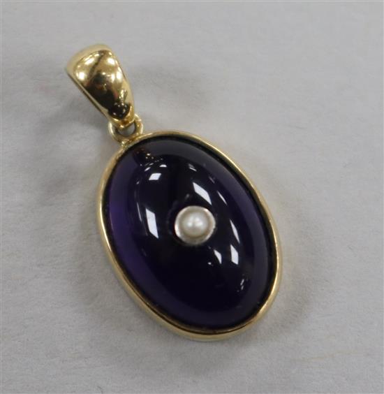 An Art Nouveau gold mounted cabochon, amethyst and pearl pendant